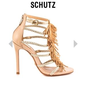 SCHUTZ SOLD OUT Carmen Fringe Gold Sandal Heels